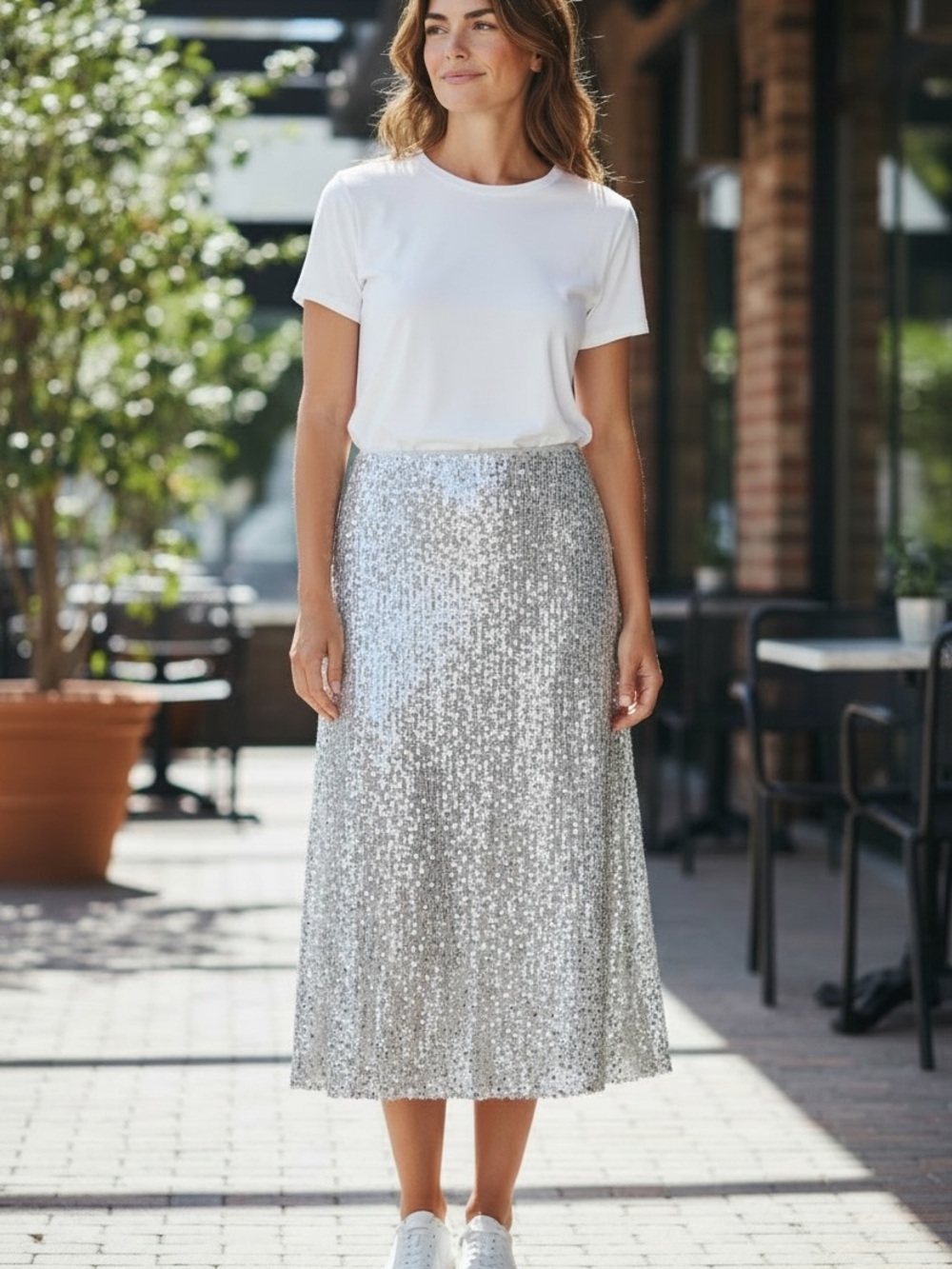 Altar'd State Silver Sequin Midi Skirt